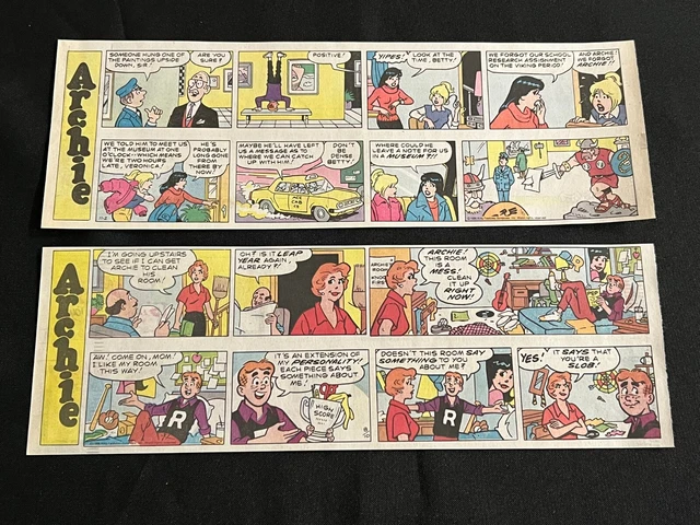 #Q07 ARCHIE by Dan DeCarlo Lot of 2 Sunday Quarter Page Comic Strips 1986