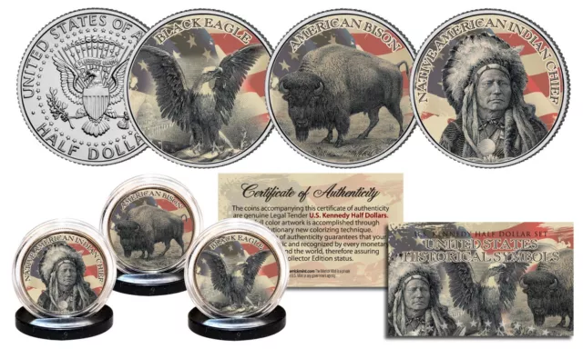 USA HISTORICAL SYMBOLS JFK Half Dollar 3-Coin Set BLACK EAGLE INDIAN CHIEF BISON 3