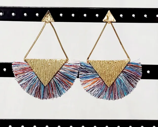 Charming Charlie Gold Tone Fan Shaped Dangle Earrings Multi-Color Fringe J5-1416