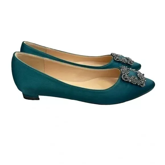 Manolo Blahnik Crystal Embellished Hangisi Silky Satin Green Classic Flat 2