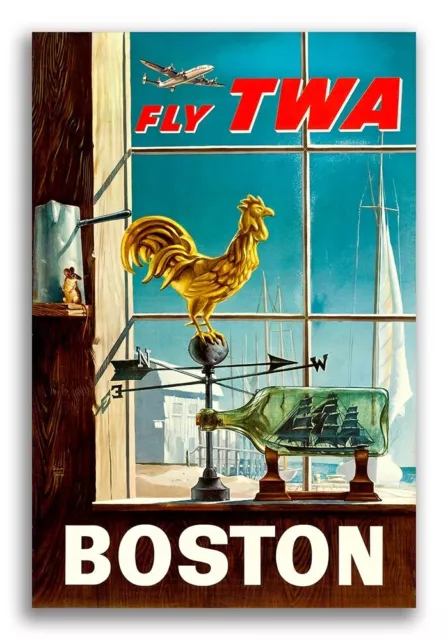 Boston Fly TWA 1950s Vintage STyle Airline Travel Poster - 16x24