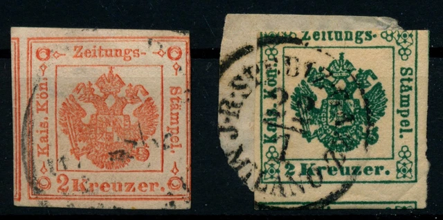 LOMBARDEI-VENETIEN 2 Stk. Zeitungsstempelmarken! 2kr, rot und grün.