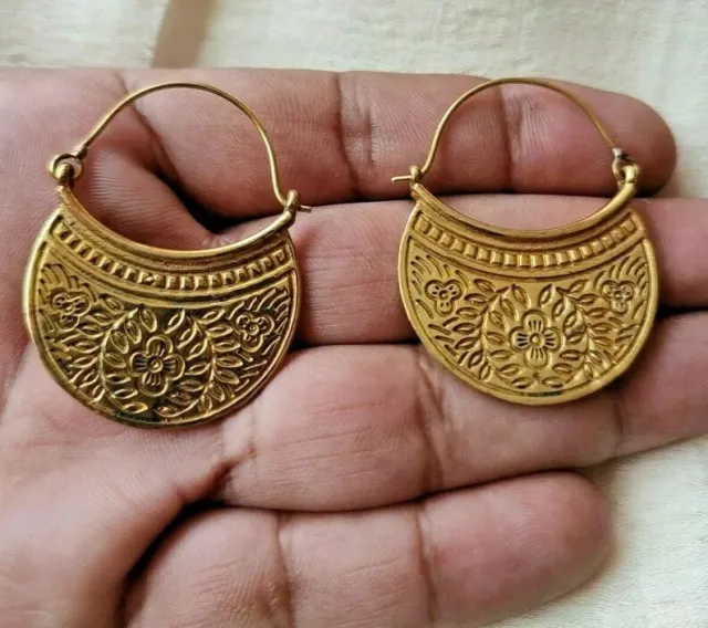 Handmade Gold Plated Vintage Afghani Brass Hoops Tribal Mandala Gypsy Earrings