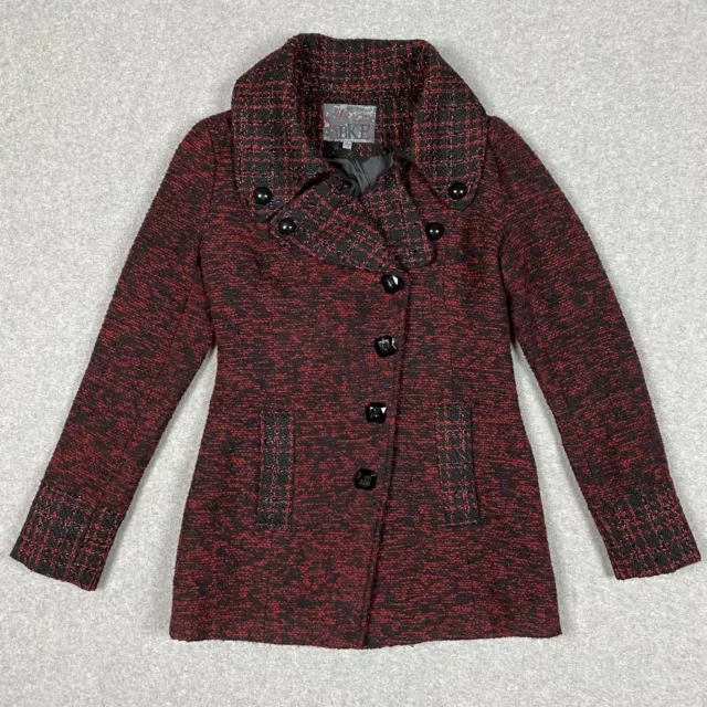 BKE Wool Blend Pea Coat Red Black Plaid Double Breasted Women's Size S