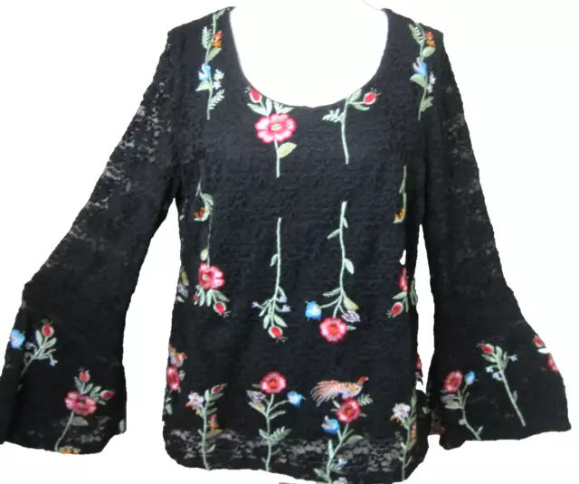 Solitaire Top Womens XL Boho Embroidered Allover Lace Blouse Bell Cuff Sleeves