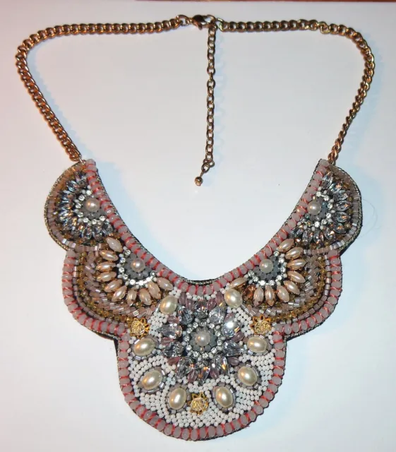 Beautiful Antique Vintage Velvet Backed Beaded BIB NECKLACE Faux Pearls Crystals