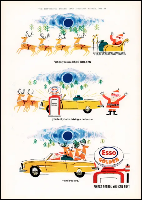 1962 ESSO Golden Gas Petrol Santa Reindee Christmas retro UK art print ad XL14