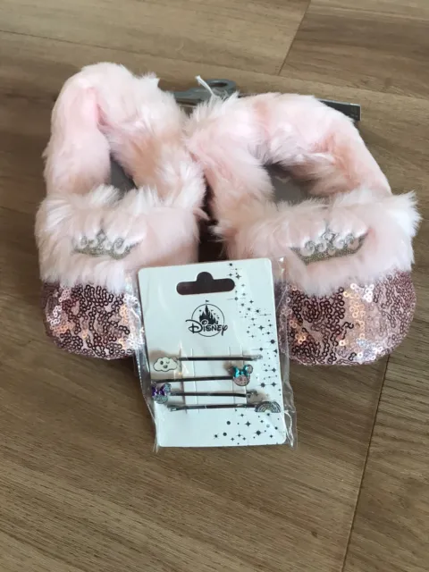 Pantofole con sequenza soffice Disney rosa per ragazze taglia UK 12 plus confezione clip per capelli Disney
