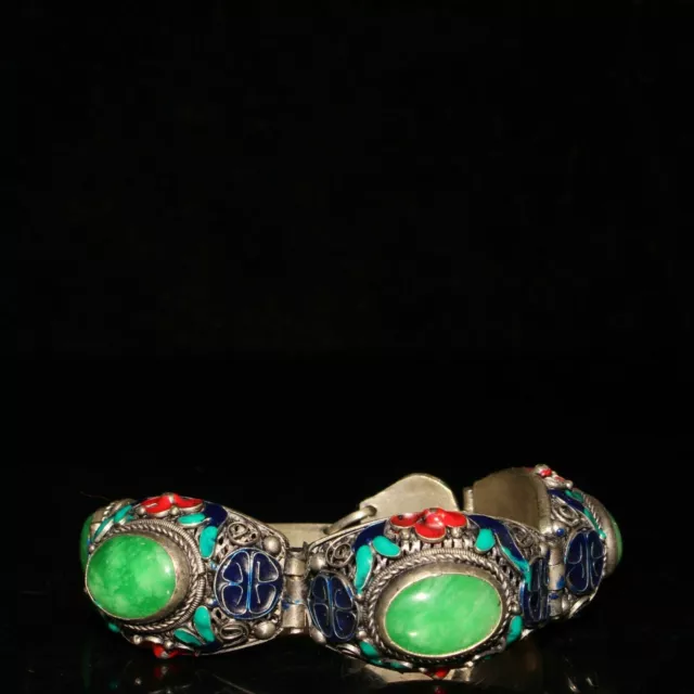 8.27'' Chinese Exquisite White copper Cloisonne inlay Jade Handmade Bracelet