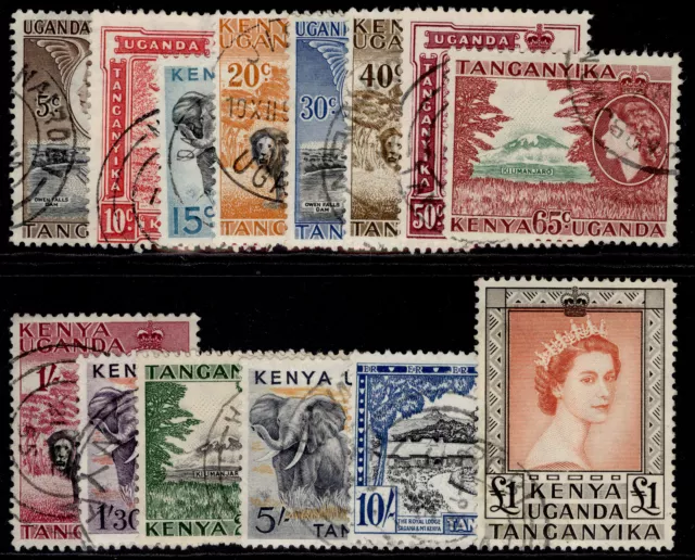 KENYA UGANDA TANGANYIKA QEII SG167-180, 1954-59 complete set FINE USED. Cat £32.