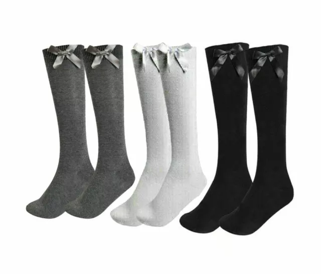 3,6 Pairs Girls School Bow Socks Fashion Cotton Knee High Children Kids Size