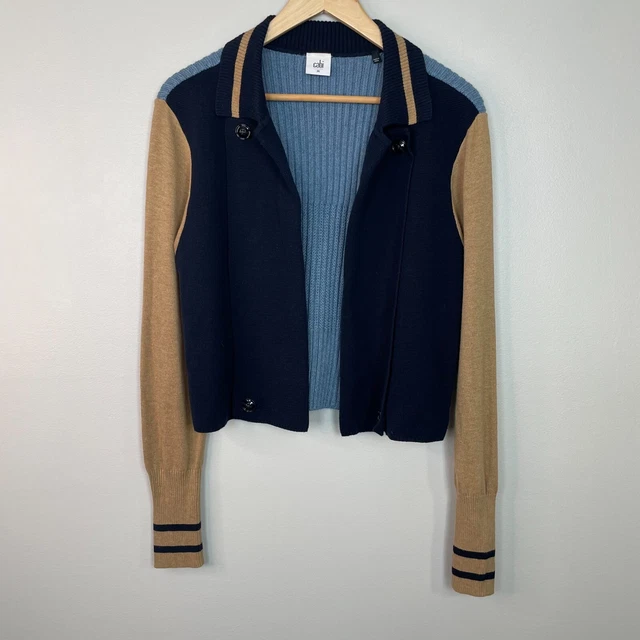 Cabi Turn Back Cardigan Medium Blue Beige Colorblock Varsity Sweater Women's