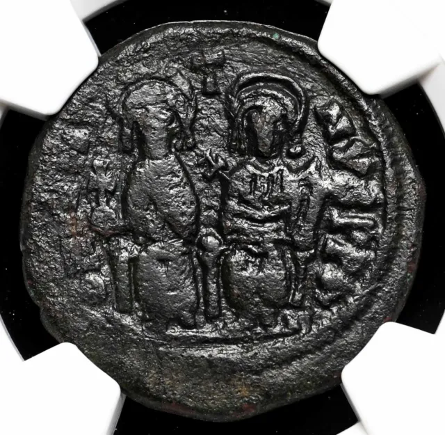 BYZANTINE. Justin II, with Sophia. 565-578. Æ Follis, Large M, NGC Choice Fine