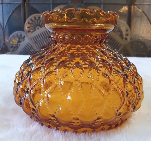 Vintage Amber Quilted Glass Hurricane Oil Lamp Shade approx 7" Wavy Glass  MINT