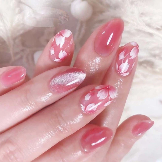 Pink Fake Nails White Flowers Nail Tips Fashion False Nails  for Salon