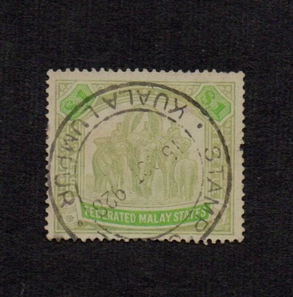 1926 FEDERATED MALAY STATES $1 GREY GREEN & EMERALD GU SG 76a SCRIPT CA WMK c£55