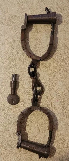 Antique Wrought Iron Marked 200 WROUGHT Handcuffs with KEY