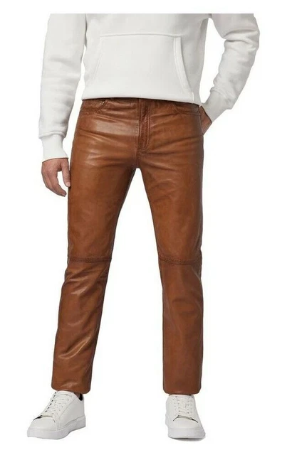 Pantaloni da moto da uomo in vera pelle marrone Pent, stile casual da...