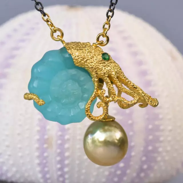 Necklace Nautilus Octopus Chalcedony South Sea Pearl Gold Vermeil Sterling 15.2g