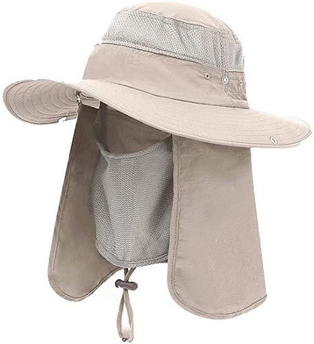 Sun Cap Fishing Hat Wide Brim Sun Protection Safari Cap w/Neck and Face Khaki