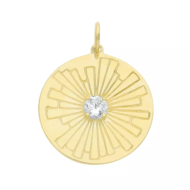 9ct Gold 17mm Round Cubic Zirconia Sun Disc Pendant