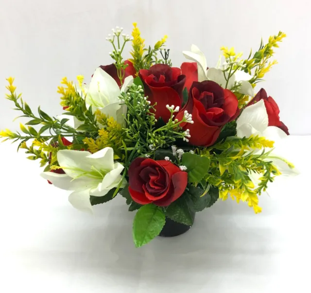 Artificial Silk Flower Memorial Grave Pot with Roses and Lilies  Red & ivory