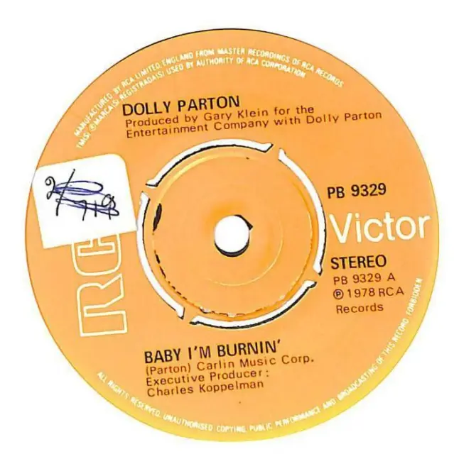 Dolly Parton Baby I'm Burnin' UK 7" Vinyl Record 1978 PB9329 RCA Victor VG+