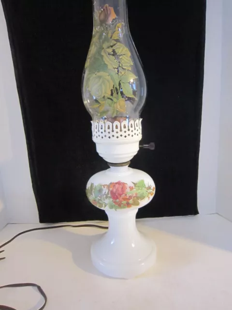 Vintage Floral Milk Glass Lamp Hurricane Chimney Electric Works