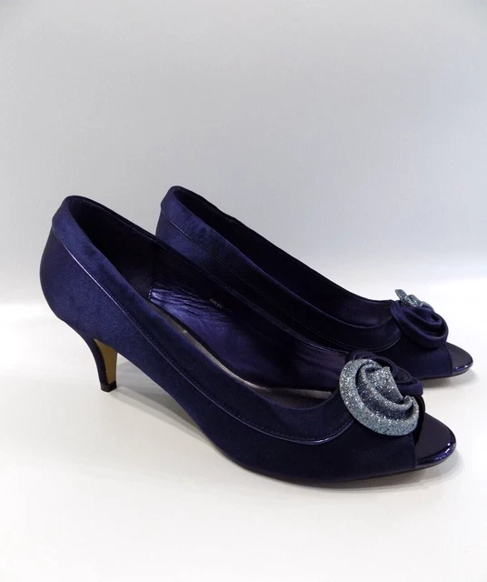 Scarpe blu tacco medio da donna LUNAR taglia 8 blu raso punta aperta campo da sposa