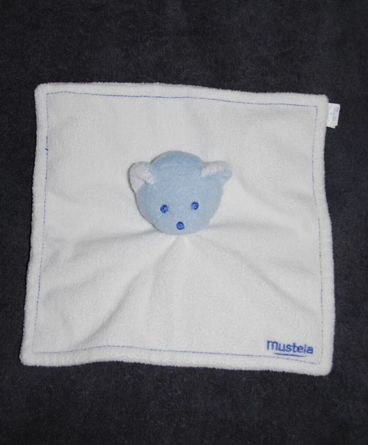 Doudou Ours Plat Blanc Bleu MUSTELA MUSTI Carré Polaire Brodé  28 x 28 TTBE