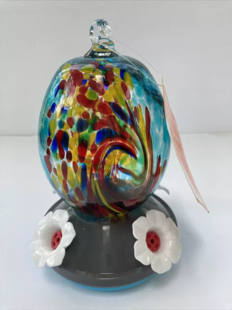 Art Glass Hummingbird Feeder with Perch - Hand Blown  - Blue- 16 Fluid Oz. NWT