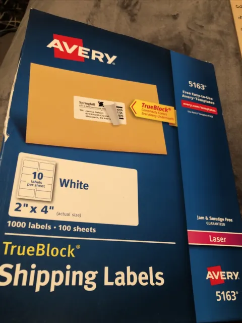 Avery 5163 2"x4"(1000 labels-100 Sheets) White Laser Labels TrueBlock Open Box
