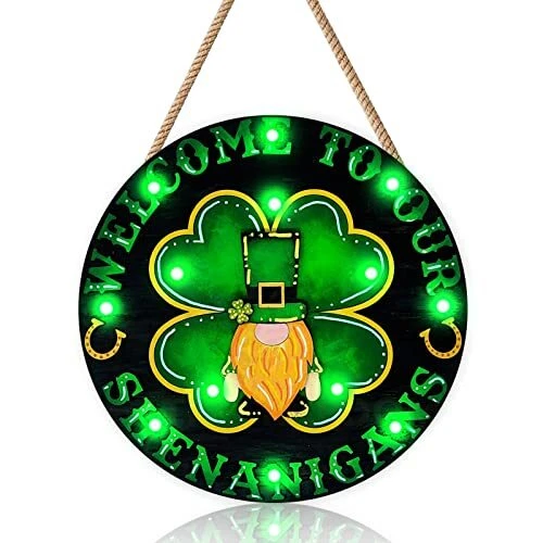St. Patrick's Day Wooden Sign with Green Lights for Front Door, Shamrocks