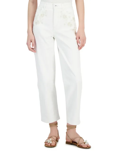 MSRP $80 Inc Womens Embroidered High-Rise Straight-Leg Jeans White Size 0