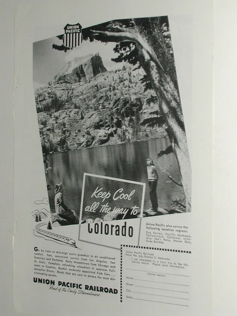 1948 Union Pacific Railroad ad, trains to Colorado
