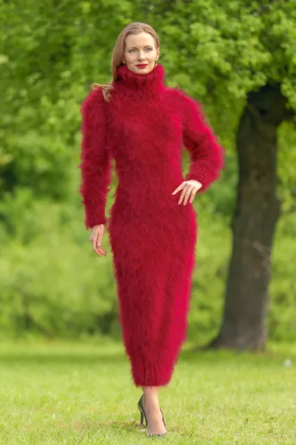 SUPERTANYA red long mohair sweater dress fuzzy wool fluffy hand knit gown