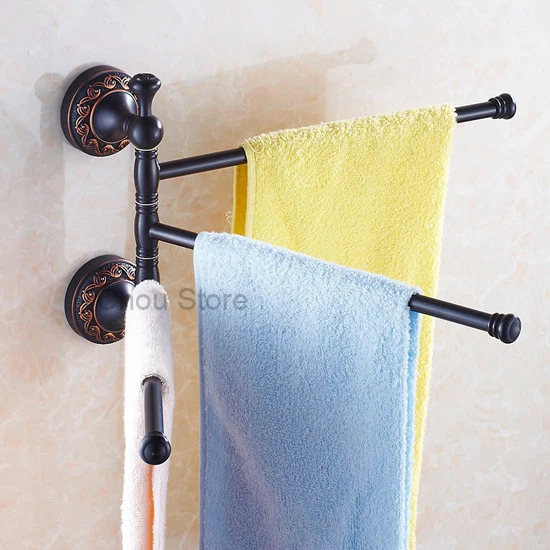 Black Bronze Brass Swivel Towel Rack Coat Holder Clothes Hanger 3 Towel Rail Bar