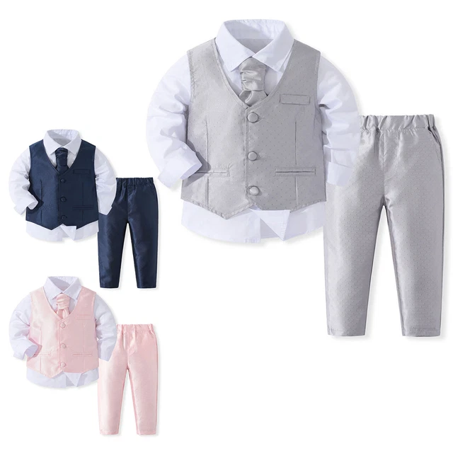 Abito smoking ragazzo gentiluomo 4 pezzi camicia + cravatta + gilet e pantaloni lunghi outfit