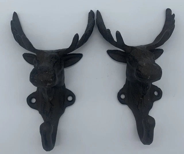 Antique Cast Iron Wall Hooks Brown Moose Head Coat Hat Towel Hanging
