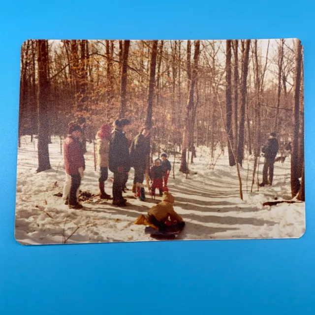 Sledding Winter Snow Day Woods Families Fun  1978 VTG FOUND PHOTO SNAPSHOT 70s