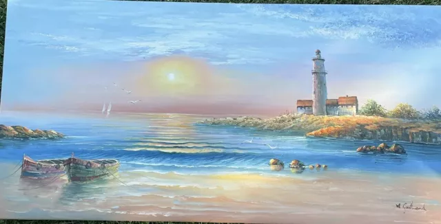 Lighthouse Seascape Oil Painting Original Sunset Beach M Gartland 24”x 48”
