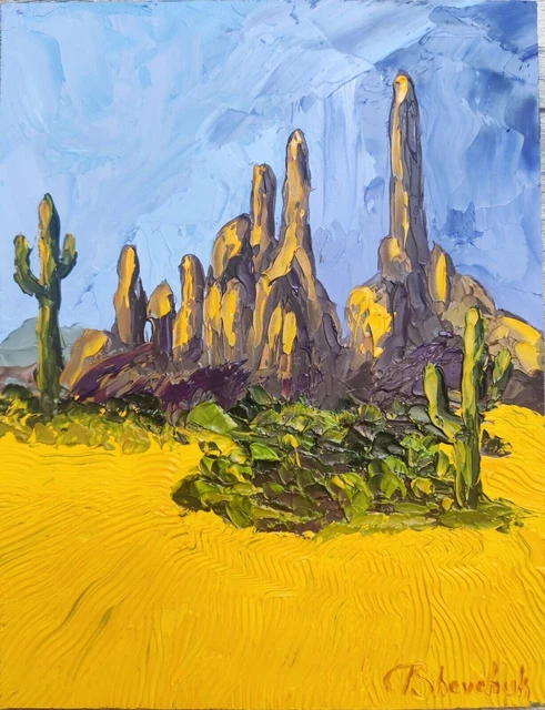Pintura al óleo original Desierto Arizona Paisaje Cactus Cielo Arte pintado...