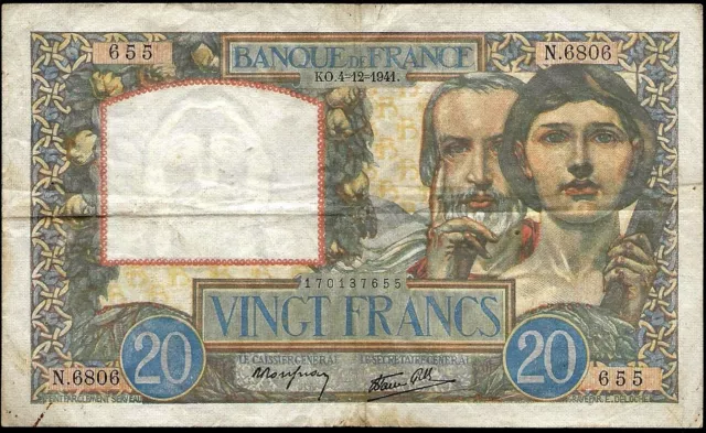 Frankreich - Banknote Von 20 Franken Arbeit Und Science 04 12 1941 Alpha # !