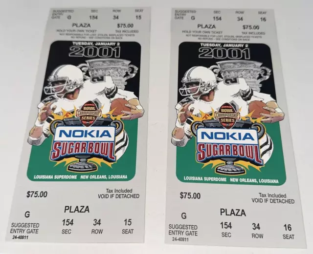 x2 Nokia Sugar Bowl 2001 Full Ticket Stub Lot Set Miami Hurricanes Florida Gator