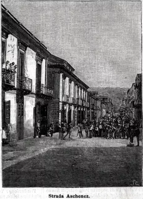 Reggio Calabria: via Aschenez. Stampa antica di 125 anni + passepartout. 1898