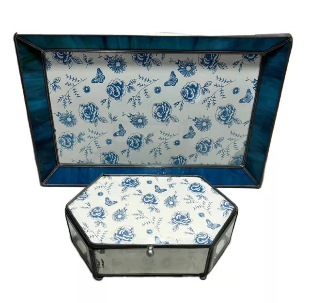 Blue Beveled Mirrored Glass Floral Design Storage Trinket Vanity Box & Tray