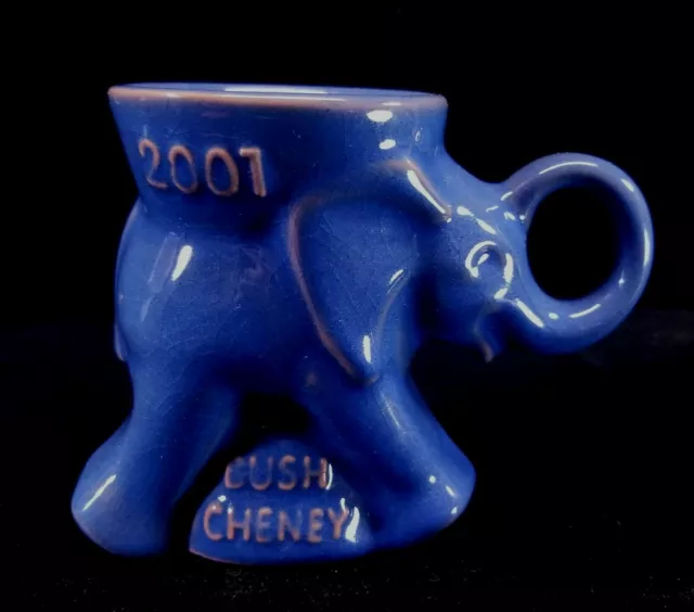 Frankoma Blue Glazed Pottery Political Cup Mug GOP Elephant Bush Cheney 2001