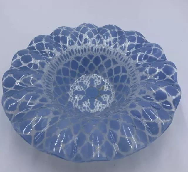 Sydenstricker Blue Fused Glass Ruffled Candy/Nut Bowl Dish 7”