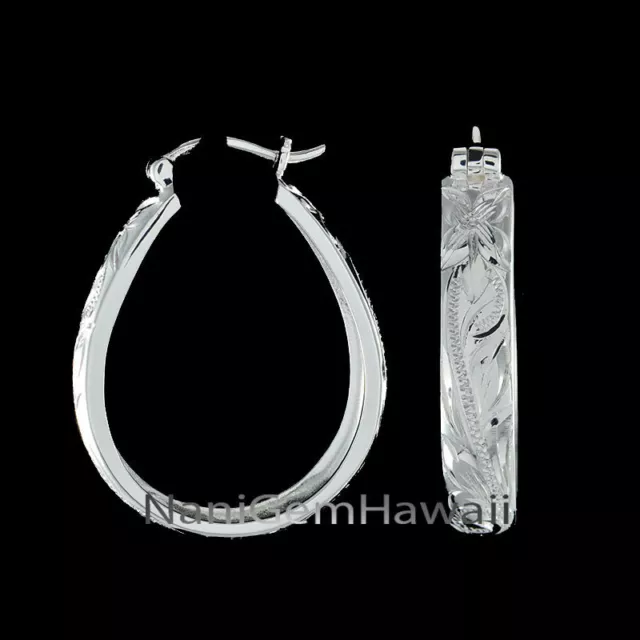 Hawaiian 925 Sterling Silver 6mm Oval Plumeria Scroll 1T Silver Hoop Earrings