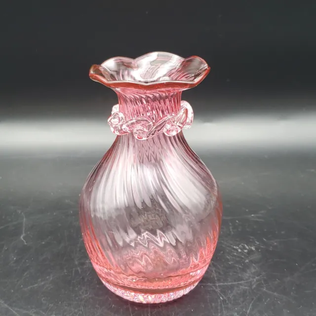 Vintage Rossi Glass Cranberry Swirl Ruffle Pattern Vase Applied Glass Accent